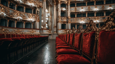 Classic opera house interior showing ornate balconies and empty red velvet seatsの素材
