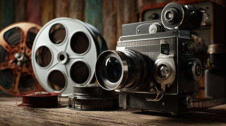 Close-up of vintage film camera resting beside reels in classic cinema environmentの素材