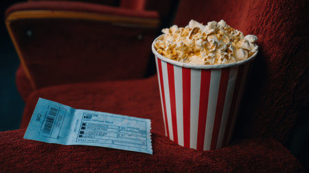 Close-up of popcorn bucket beside blank cinema ticket stub resting on armrestの素材