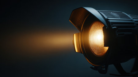 Close-up of moving head LED stage light with illuminated lens pointed downwardの素材