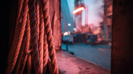 Close-up view of backstage winch system ropes pulled taut beside curtain wallの素材