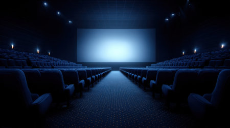 Perspective view of clean empty cinema aisle leading toward large blank movie screenの素材