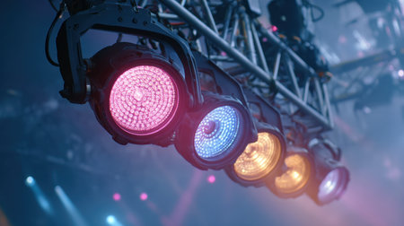 Close-up view of modern LED stage lights mounted on overhead riggingの素材