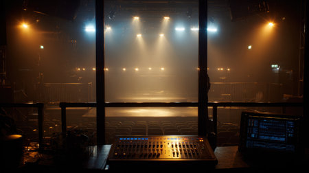 Control room view over empty auditorium with stage under soft work lightsの素材
