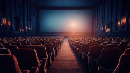 Empty cinema hall with clean rows of seats and large blank screen awaiting movie projectionの素材