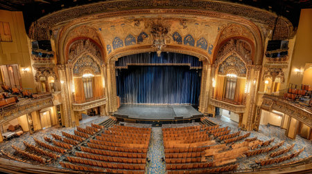 Historic ornate stage viewed from upper balcony in empty opera house theaterの素材