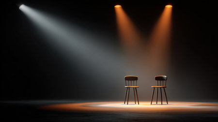 Minimal theater set design with spotlights illuminating center of darkened stageの素材