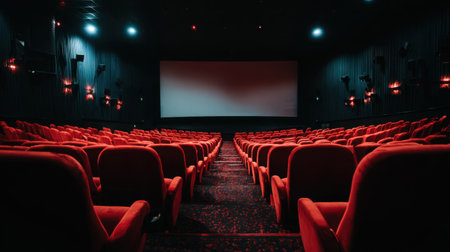 Empty cinema hall with clean rows of seats and large blank screen awaiting movie projectionの素材