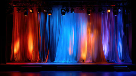 LED-lit modern stage setup with minimalist curtains and clean theater architectureの素材