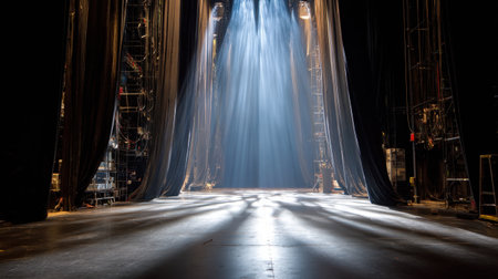 Dramatic empty stage showing backstage rigging silhouetted in stage lightingの素材