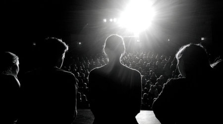 Dramatic perspective from backstage looking across theater stage toward silent audienceの素材