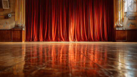 Empty theater stage reflected in polished wooden floor under soft ambient lightingの素材