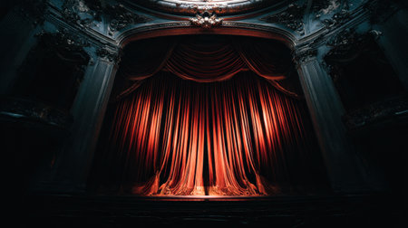 Dramatic side view of theater stage surrounded by deep red curtains and shadowed wallsの素材