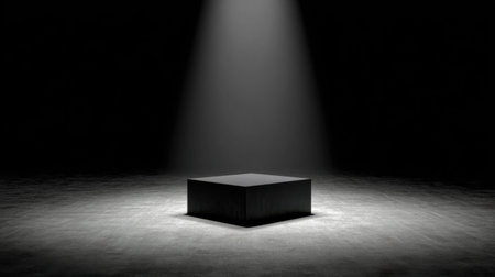 Minimalist black box stage with central spotlight and empty floor in silenceの素材