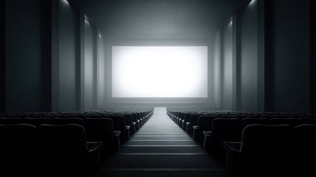 Perspective view of clean empty cinema aisle leading toward large blank movie screenの素材