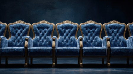 Luxurious blue fabric theater chairs symmetrically aligned in empty grand auditoriumの素材