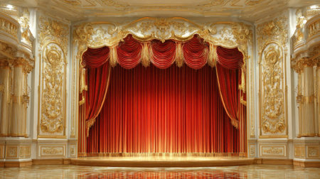 Red velvet curtain closed across grand stage framed by golden decorative wallsの素材