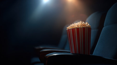 Popcorn bucket resting on empty cinema seat illuminated by ambient theater lightingの素材