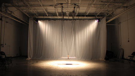 Softly lit stage with industrial-style rigging in contemporary performance spaceの素材