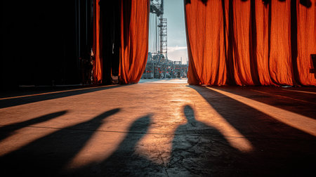 View from wings of stage showing backstage curtains and rigging shadowsの素材