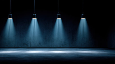 Suspended theater spotlights shining down onto dark minimalist stage floorの素材