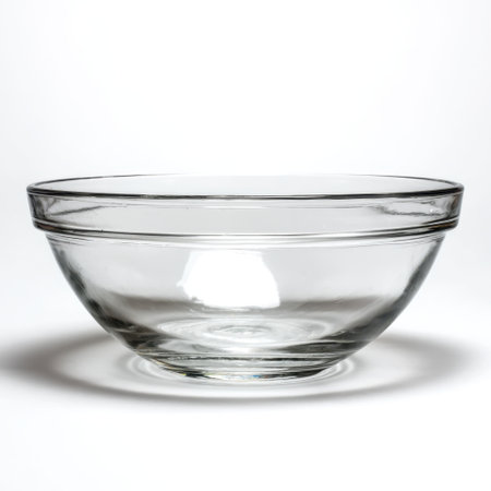 Transparent round glass bowl wide opening isolated white background, no shadow, clean simple glasswareの素材