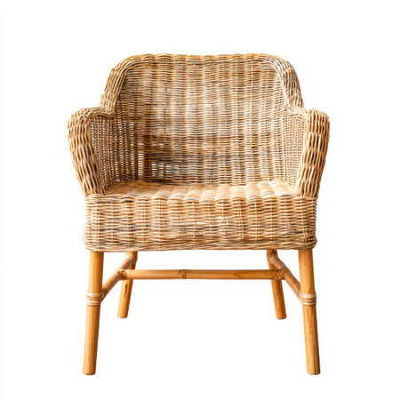 Single outdoor patio chair rattan weave isolated white background, no shadow, tropical garden vibeの素材