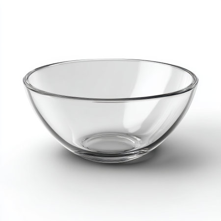 Transparent round glass bowl wide opening isolated white background, no shadow, clean simple glasswareの素材