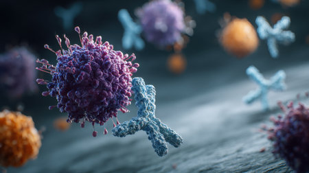 D illustration of antibodies attacking virus particles in immune system responseの素材