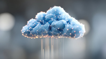 Cloud computing concept showing abstract blue cloud icon with interconnected data linesの素材
