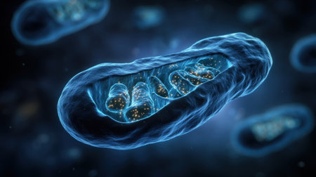 Blue glowing visualization of mitochondria within animal cell structure in D renderの素材