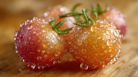 Close-up of organic tomatoes with water droplets on natural wood surfaceの素材