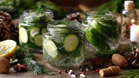 Brined cucumbers fermenting in glass jars with dill and spices on wooden surfaceの素材