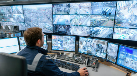 Control room monitoring production lines in large industrial manufacturing plantの素材