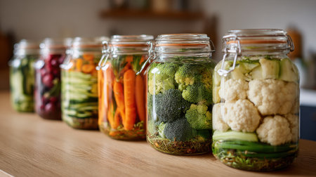 Fresh vegetables prepared for fermentation inside glass jars without labelsの素材