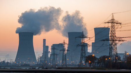 Industrial power plant structure with cooling towers and high-voltage wiresの素材