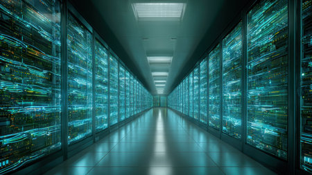 High-tech server room with rows of illuminated servers and data cables in perspective viewの素材