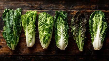 Organic lettuce heads freshly picked and lined up on wooden farm tableの素材