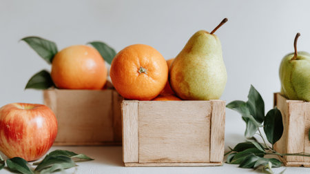 Healthy organic fruits including apples, oranges, and pears displayed on clean tableの素材