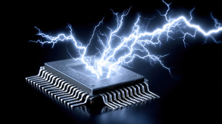 Microprocessor chip close-up with electric energy pulses displayed on dark backgroundの素材