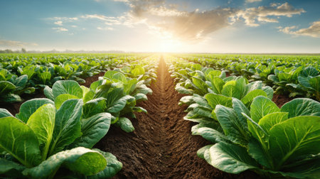 Organic farm with green leafy vegetables under clear sky and sun flareの素材