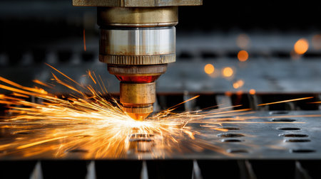 Precision lasers used in industrial cutting process inside high-tech production facilityの素材