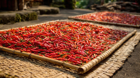 Organic chili peppers drying in sunlight on natural woven mat outdoorsの素材