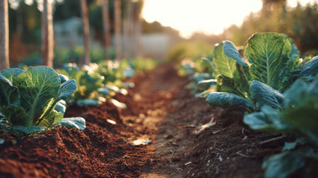 Organic farm field with rows of green lettuce growing under natural sunlightの素材