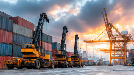 Industrial storage yard with shipping containers and heavy machinery in backgroundの素材