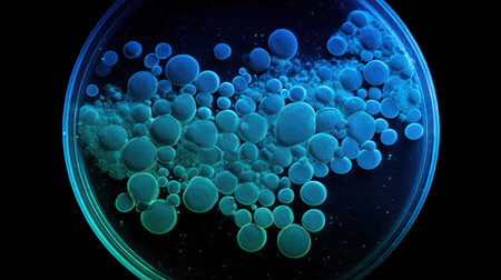 Microscopic bacteria in colony formation on agar plate viewed under bright lightの素材