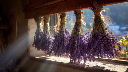 Organic lavender bunches drying in sunlight inside rustic farmhouse windowの素材