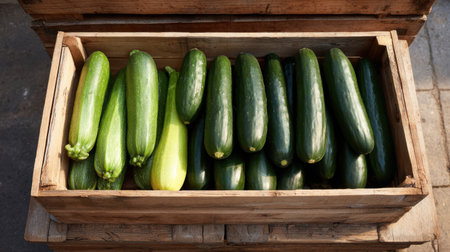 Organic cucumbers and zucchinis neatly arranged inside wooden crate outdoorsの素材