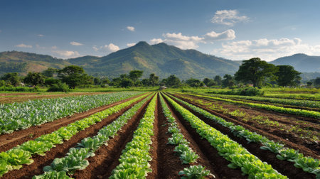 Organic farming landscape with crops growing in rows under sunny blue skyの素材