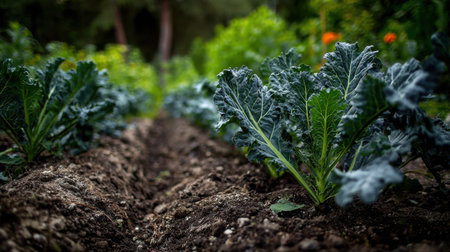 Organic vegetable garden showing green leaves and healthy soil under daylightの素材